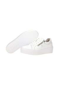 Weiße Leder-Sneaker mit einem Reißverschluss, flacher Gummisohle und gerilltem Rand; glatte Textur mit subtiler Logo-Prägung auf der Sohle.