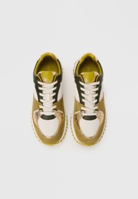 Zielono-beżowe sneakersy z teksturowaną cholewką, z błyszczącymi metalicznymi akcentami i białymi sznurówkami. Gruba podeszwa z żółtymi detalami.