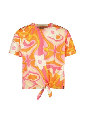 Korte mouw crop top met knoop, met roze, oranje en crème abstracte bloem- en spiraalpatronen.