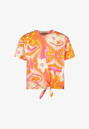 Korte mouw crop top met knoop, met roze, oranje en crème abstracte bloem- en spiraalpatronen.