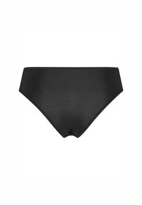 Fekete bikini alsórész sima textúrával, közepes magasságú derékkal, látható minták vagy díszítések nélkül. Nyújtható anyagból készült.