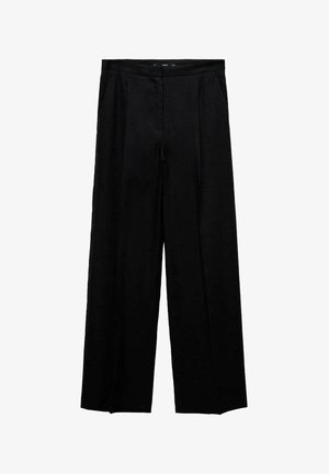 Pantaloni neri a gamba larga con una texture liscia, caratterizzati da una linea dritta, tasche laterali e una vita a media altezza.