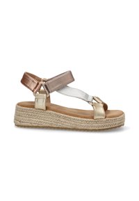 Sandalias de espadrille metálicas con suela de yute trenzada. Presentan doble banda metálica en oro rosado y plata, con cierre ajustable en el tobillo.