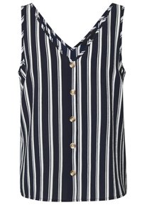 Blouse sans manches rayée verticale bleu marine et blanche avec un col en V et cinq boutons beiges sur le devant.