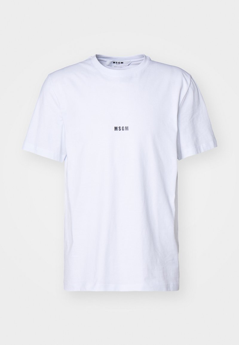 White cotton t-shirt with a round neckline, short sleeves, and a small black "MSGM" logo printed on the front. Smooth texture.