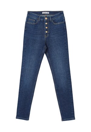 Jeans in denim blu con vita alta, cinque bottoni frontali, due tasche anteriori e una vestibilità slim.