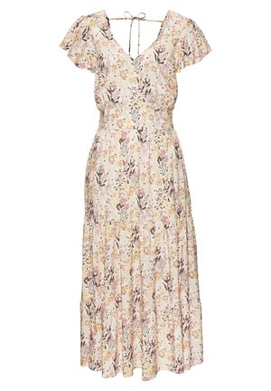 Midi-Kleid mit floralem Muster, kurzen Rüschensäumen an den Ärmeln, V-Ausschnitt mit Bindeband am Rücken, tailliert und gestufter Rock in pastellfarbenen Tönen.