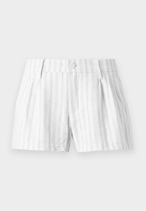 Pantalones cortos de algodón blancos con rayas verticales en gris claro, con cierre de botón, pliegues y bolsillos laterales. Diseño simple y casual.