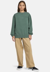 Grön sweatshirt med rund hals och logotyp; löst sittande beige byxor; svarta sneakers med vita sulor; minimalistisk design; slät textur.