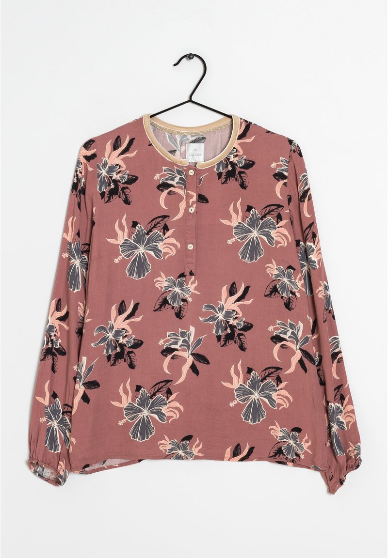 Langärmlige Bluse in Mauve mit Blumenmuster. Verfügt über einen runden Ausschnitt, Knopfverschluss und elastische Ärmelbündchen. Weicher Stoff mit leichtem Griff.