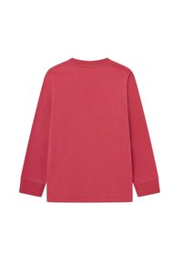 Langärmliges rotes Rundhalsshirt, von hinten gezeigt, mit gerippten Bündchen an den Ärmeln vor einem weißen Hintergrund.