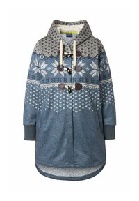 Dufflekappa i blått, med en mönstrad stickad design med snöflingor och hjärtan. Accentuerad med träknappar och huva.