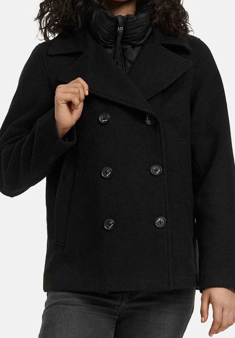 Personne portant un manteau noir à double boutonnage par-dessus une veste zippée, tenant le col du manteau d'une main.
