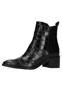 Schwarze Knöchelstiefel aus glänzendem Kunstleder, mit strukturiertem Krokodilmuster, niedrigem Blockabsatz und schlankem, abgerundetem Zehendesign.