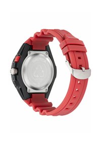 Schwarz-rote Armbanduhr mit robustem Design, ausgestattet mit einem strukturierten Gummiband, einem Gehäuse aus Edelstahl und einem auffälligen Seitenknopf.