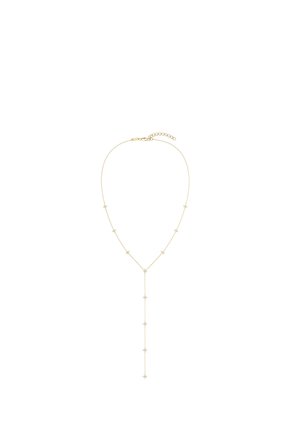 Delicate gouden Y-vormige ketting met kleine stervormige bedels gelijkmatig verdeeld over de ketting en een langere kettingdruppel in het midden.