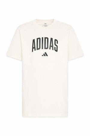 Camiseta blanca de manga corta con cuello redondo, con texto negro "ADIDAS" y logo centrados en el pecho.