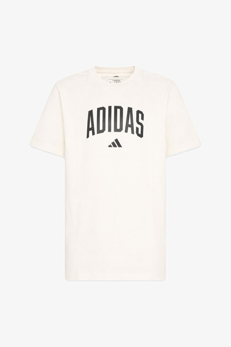 T-shirt blanc à manches courtes et col rond avec texte noir "ADIDAS" et logo centrés sur la poitrine.