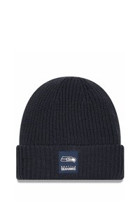 Navy knit beanie with a ribbed design and a folded cuff, featuring a square logo patch for the Seattle Seahawks on the front.