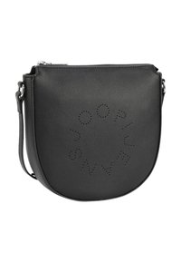 Borsa a tracolla nera a forma di mezzaluna con design del logo circolare perforato, chiusura con zip argentata e tracolla regolabile.