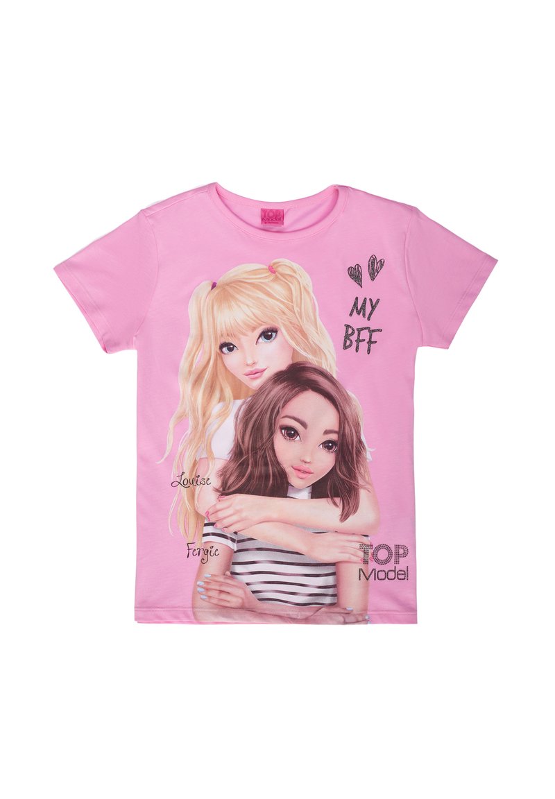 T-shirt in cotone rosa con una grafica di due ragazze che si abbracciano. Il testo include "LA MIA BFF" e i nomi "Louise" e "Fergie" con accenti argentati.