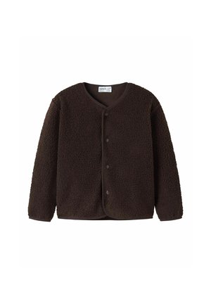 Veste polaire marron foncé à manches longues, avec encolure ronde et boutons-pression à l'avant, présentée à plat sur fond blanc.