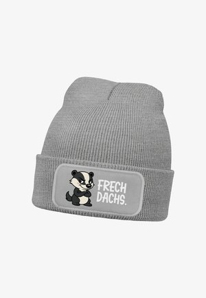 Gray knit beanie with a fold-up cuff, featuring a cartoon badger and the text "FRECH DACHS." on a light gray patch.