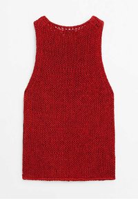 Débardeur rouge en maille avec un design ample, un décolleté arrondi et des emmanchures larges. Présente un motif de points texturés et des bords ourlés.