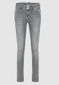 Jean en denim gris avec une coupe slim, présentant une fermeture à deux boutons, cinq poches et un léger délavage pour la texture et le détail.