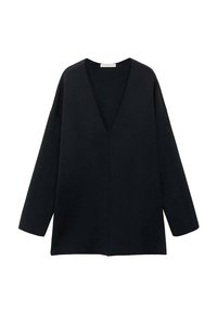 Schwarzes, lässiges V-Ausschnitt-Oberteil mit langen Ärmeln, aus weichem Stoff gefertigt. Einfaches Design mit geradem Saum und ohne auffällige Muster oder Akzente.