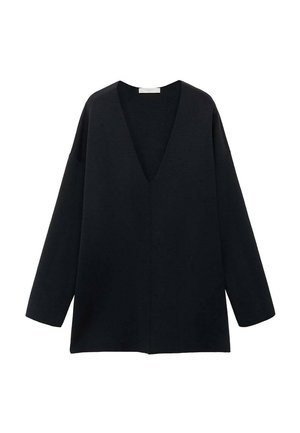 Top nero, ampio e scollato a V con maniche lunghe, realizzato in tessuto morbido. Design semplice con orlo dritto e senza motivi o accenti distintivi.