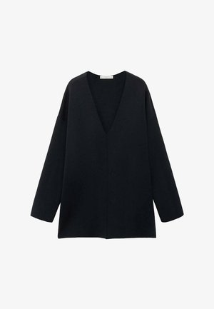 Črna, ohlapna V-izrez majica z dolgimi rokavi, izdelana iz mehkega blaga. Preprost dizajn s ravnim robom in brez izrazitih vzorcev ali akcentov.