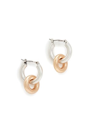 Hoop earrings featuring a combination of metallic silver and rose gold circles. Sleek design with a polished texture and a simple clasp.