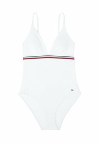 Maillot de bain une pièce blanc avec un décolleté en V profond, des bretelles fines et une bande horizontale rayée noire et rouge à la taille. Tissu texturé.