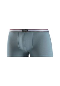 Men's boxer briefs in light blue fabric with a snug fit, featuring a contrasting white and red elastic waistband with logo detail.