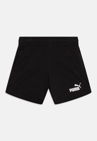 Čierne športové šortky vyrobené z jemného materiálu. Majú elastický pás, bočné vrecká a biele logo Puma na spodnej pravej strane.