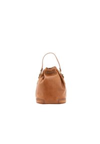 Borsa a secchiello in pelle color marrone, con chiusura a coulisse, un manico corto e dettagli di cucitura visibili alla base. Texture liscia.