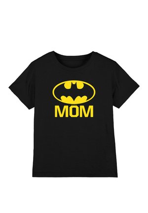Black short-sleeve t-shirt with a yellow Batman logo above the word "MOM" in bold yellow letters on the front.