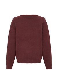 Pull tricoté bordeaux uni à manches longues avec un col rond et des bords-côtes à l'ourlet et aux poignets, vu de dos.