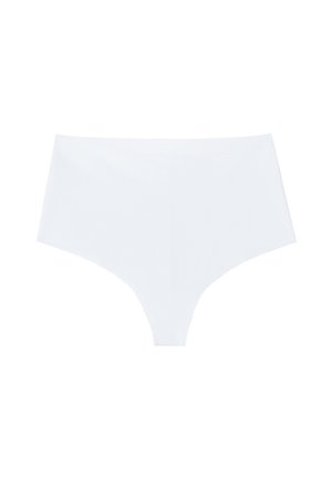Ropa interior blanca de talle alto, hecha de un tejido suave, con un diseño sin costuras que ofrece una cobertura completa en la parte trasera y aberturas de pierna de altura media.