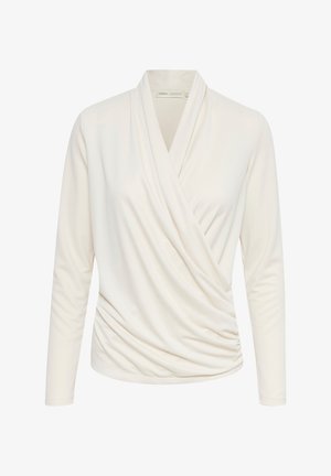 Langärmliges Wickeltop aus weichem, cremefarbenem Stoff mit einem drapierten Design und gerafftem Stoff in der Taille. Verfügt über einen tiefen V-Ausschnitt.