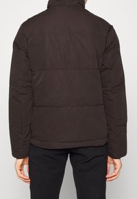 Brown puffer jacket with a high collar, quilted design, and textured fabric. Features a relaxed fit and elastic cuffs. Back view.