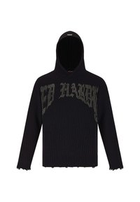 Felpa nera a coste con cappuccio e una grande stampa grafica sul petto. Presenta un orlo frangiato e maniche lunghe. Texture dal aspetto accogliente.