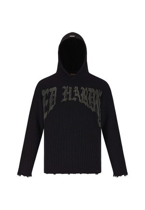 Black ribbed knit hoodie with a large graphic print across the chest. Features a fringe hem and long sleeves. Textured with a cozy appearance.
