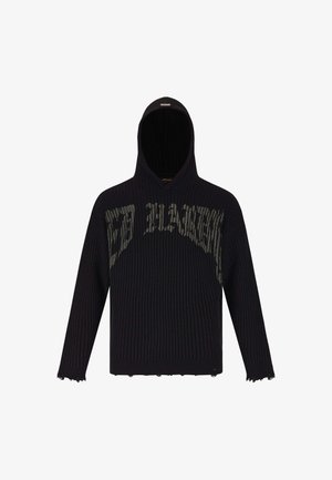 Black ribbed knit hoodie with a large graphic print across the chest. Features a fringe hem and long sleeves. Textured with a cozy appearance.