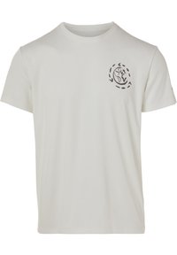 Camiseta de manga corta en color beige claro, hecha de una tela suave, con un diseño gráfico circular negro en el pecho y un cuello redondo.