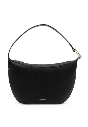 Bolso de hombro negro de cuero con cremallera superior curva y correa corta, con pequeño logotipo plateado de Trussardi en el centro frontal.