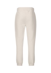 Helles Beige, elastische Jogginghose mit elastischem Bund und gerippten Säumen. Glatte Textur und taillierte Form, ohne sichtbare Taschen oder Nähte.