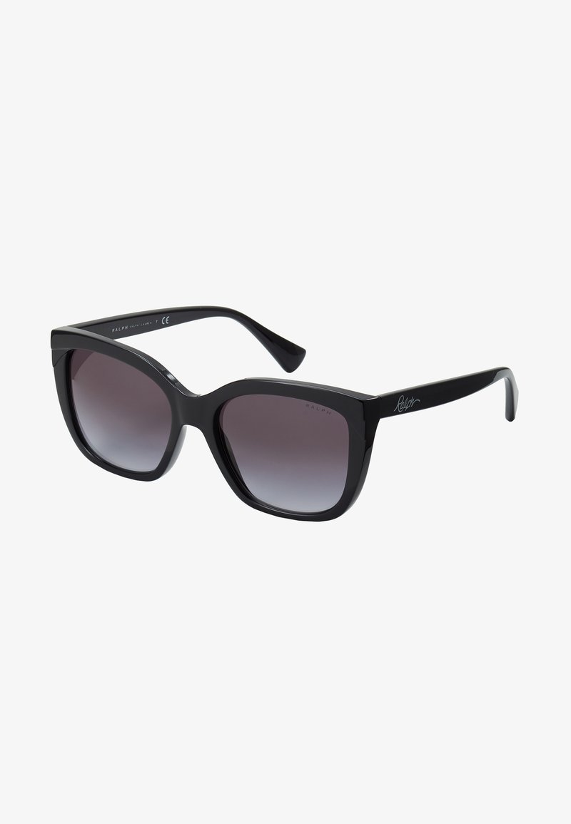 Gafas de sol oversized negras con lentes degradados, montura cuadrada, acabado brillante y un acento lateral que presenta un logo distintivo.