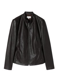 Veste en cuir noir avec col montant, fermeture éclair à l'avant et deux poches latérales zippées ; texture lisse avec un design ajusté.